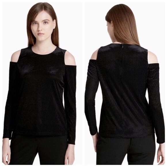 CALVIN KLEIN CORDUROY COLD‎ SHOULDER LONG SLEEVE PULLOVER TOP SMALL NWT BLACK - Picture 1 of 14